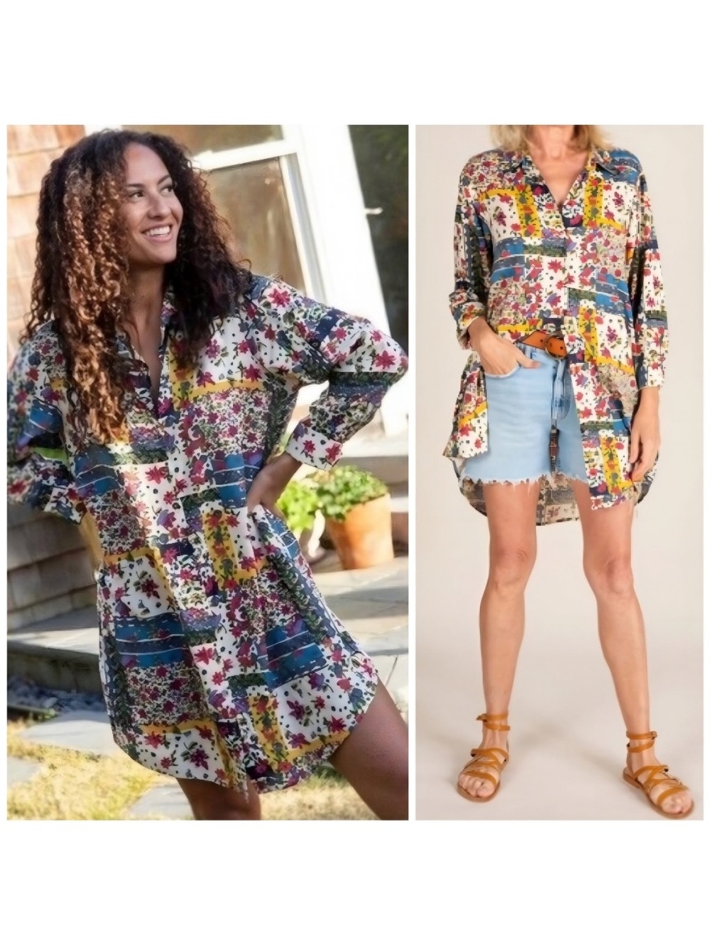 Natural Life Georgia Shirt Dress Patchwork Boho Floral Button Down Size Small